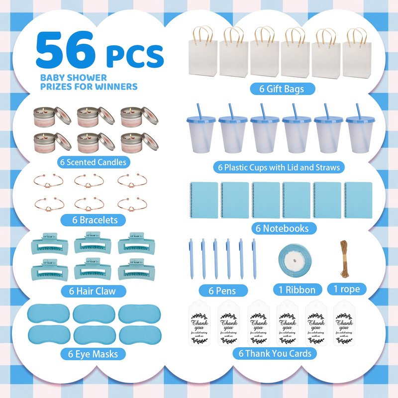 VZCBZC 6Set Baby Shower Prizes for Game Winners Baby Shower Favors Gifts including Plastic Tumbler Notebook Candles with Gift Bag for Winner Guests Wedding Bridal Shower Favors