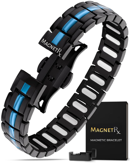 MagnetRX® Magnetic Bracelets for Men - EllipseMAX 5X Strength 5,000 Gauss Magnets - Designed in USA & Patent Pending - Premium Titanium Mens Magnetic Bracelet & Adjustable Length (Black & Blue Line)