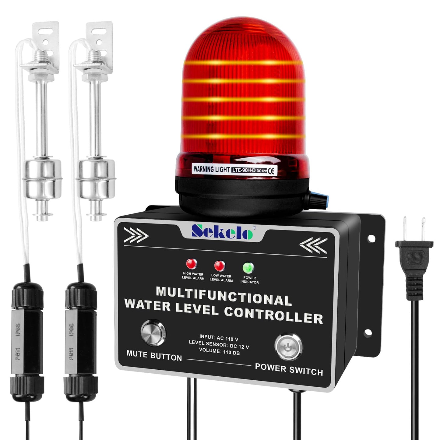 110V Sump Pump Alarm – High/Low Water Level Alarm with 30-110dB Loud Siren and LED Indicator Light, 16ft Probe Cable, Ideal for Sewage Pumps and Basements