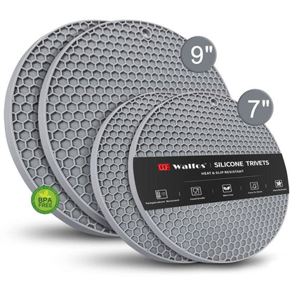 Silicone Trivet Mats - Walfos Heat Resistant Pot Holders Set, 4pcs 2 Sizes 7 Inch & 9 Inch, Multipurpose Non-Slip Hot Pads for Hot Pot, Hot Dishers, Jar Opener, Food Grade & BPA Free (Nordic Grey)