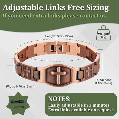 Fashtour Copper Bracelet for Men 99.99% Pure Copper Cross Bracelet Magnetic Chain Link Bracelet Memorial Day Gift Christian Adjustable Jewelry