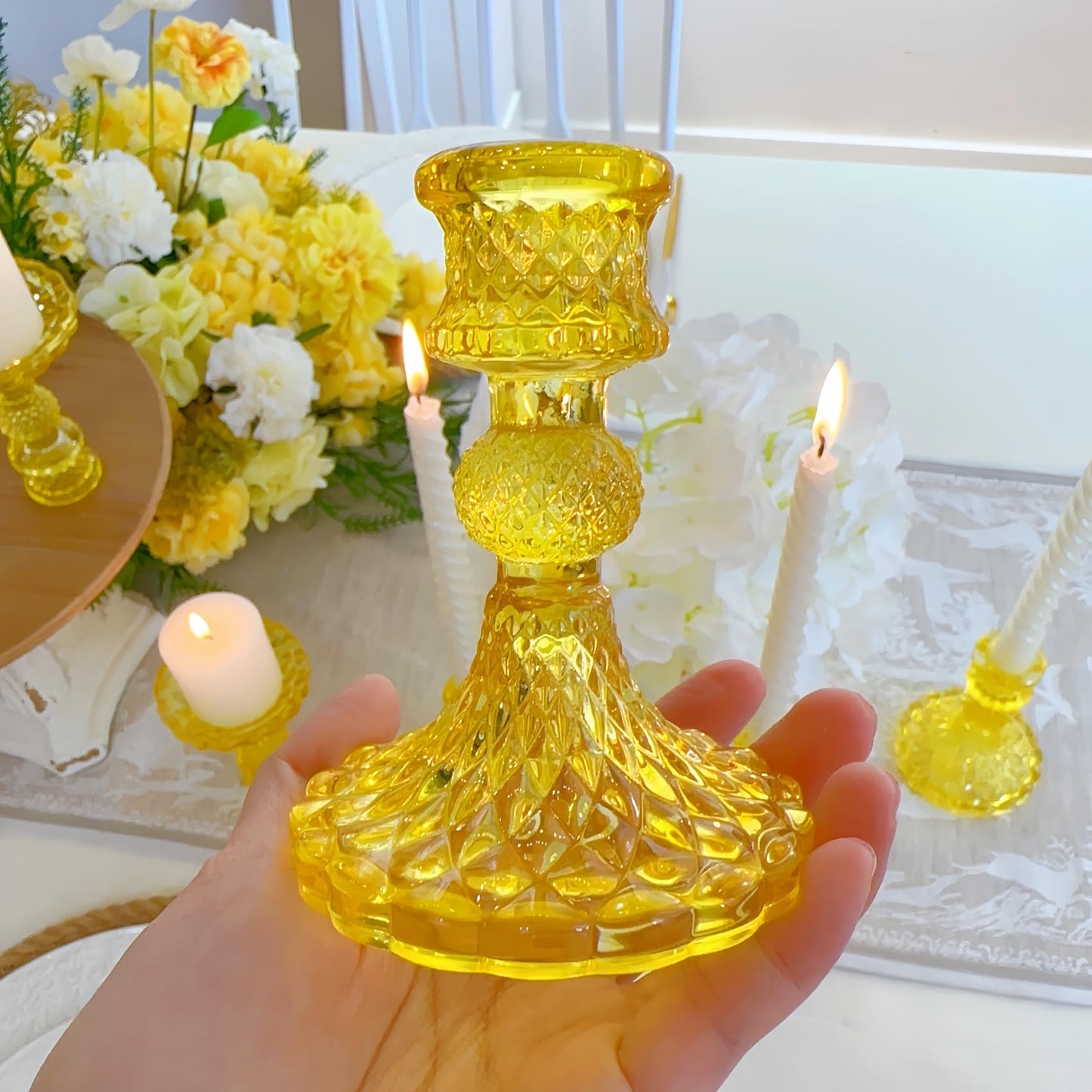 ECHFSM Glass Candlestick Holder,Striped Taper Candle Holders,Set of 6 Candle Stand for Table Centerpieces, Home Decor,Weddings,Festival and Parties (Yellow Dimond)