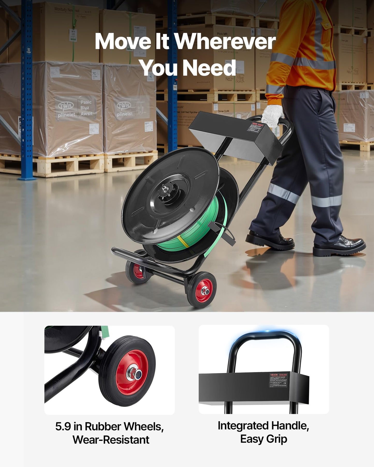 VEVOR Banding Strapping Cart, Fit for PET/PP/Polyester Strapping Coils with 8 inches Core Size, Heavy Duty Strapping Dispenser Equipped with Upgrade Brake System, Built-in Spacious Tray for Tools