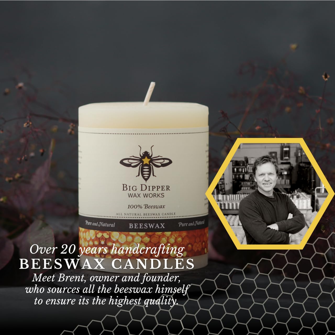 Big Dipper Wax Works Ivory Beeswax Pillar Candle 3" x 3.5" – 60-Hour Burn, Non-Toxic & Clean Burning, Pure Beeswax, Handmade in USA