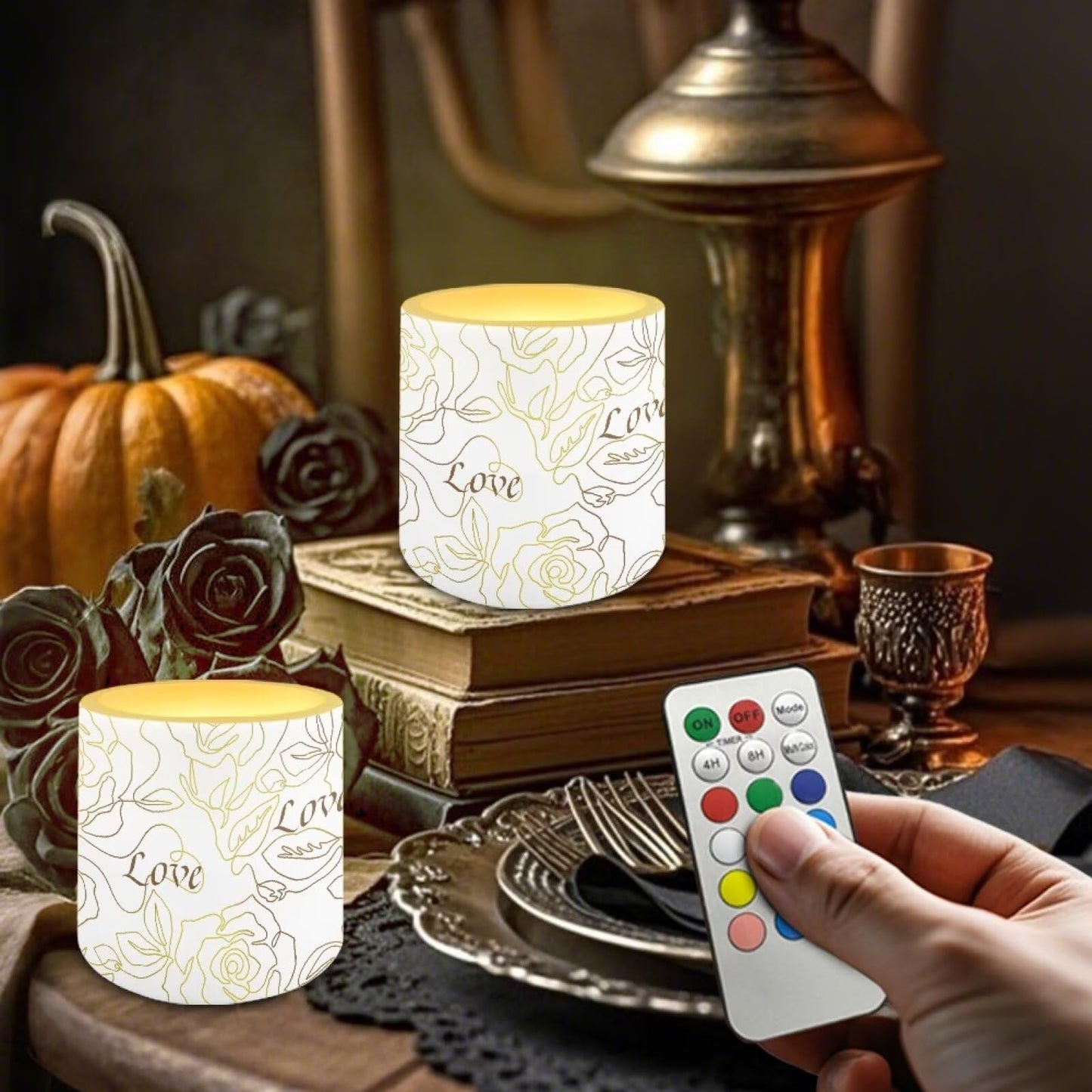 Cozeyat Gold Rose Wedding Reception LED Candles Set of 4 Battery Powered Flameless with Remote Timer Flickering Flame Waterproof for Home Garden Decoration