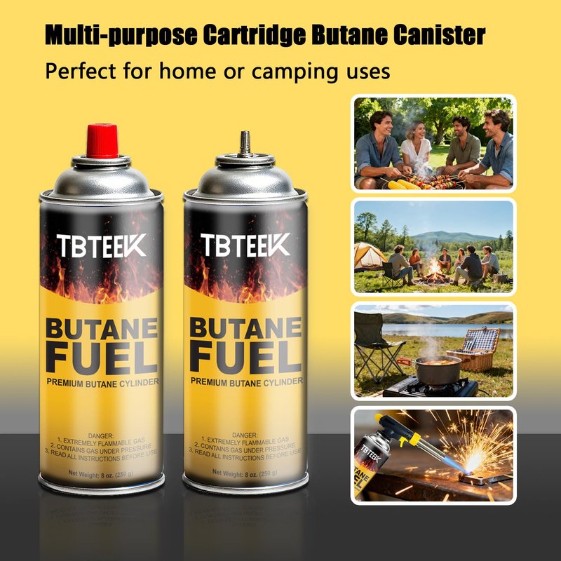 TBTeek Butane Fuel Canister, Butane Gas 8 oz, Premium Pure Refined Butane Gas Refill for Kitchen Torch Head, Camping Stove, Outdoor Cooking, Grilling & Emergency Use