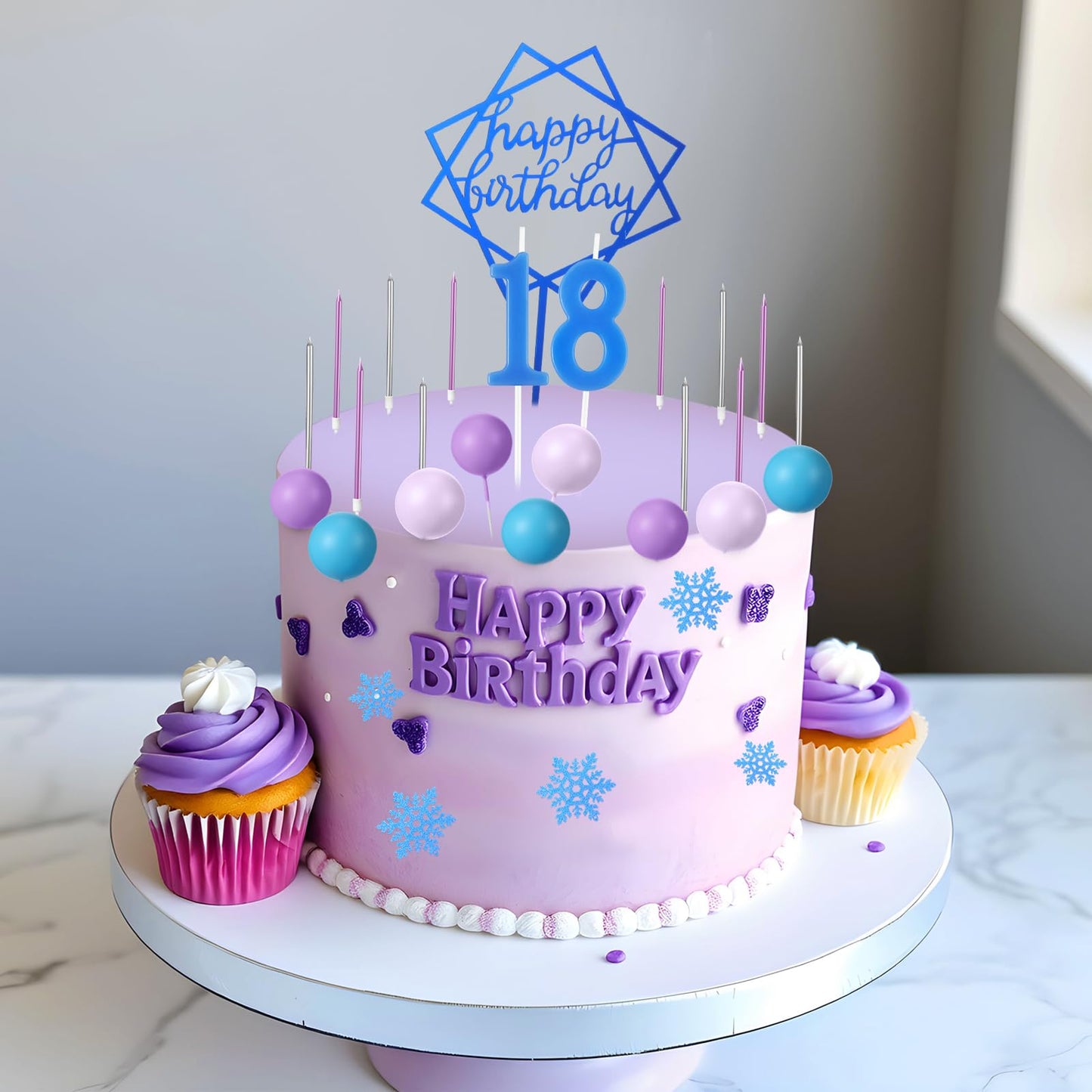 Yerliker 34 Pcs Happy Birthday Cake Toppers Decorations Birthday Candles DIY Cake Decor for Men Women Wedding Anniversary(Blue Purple)