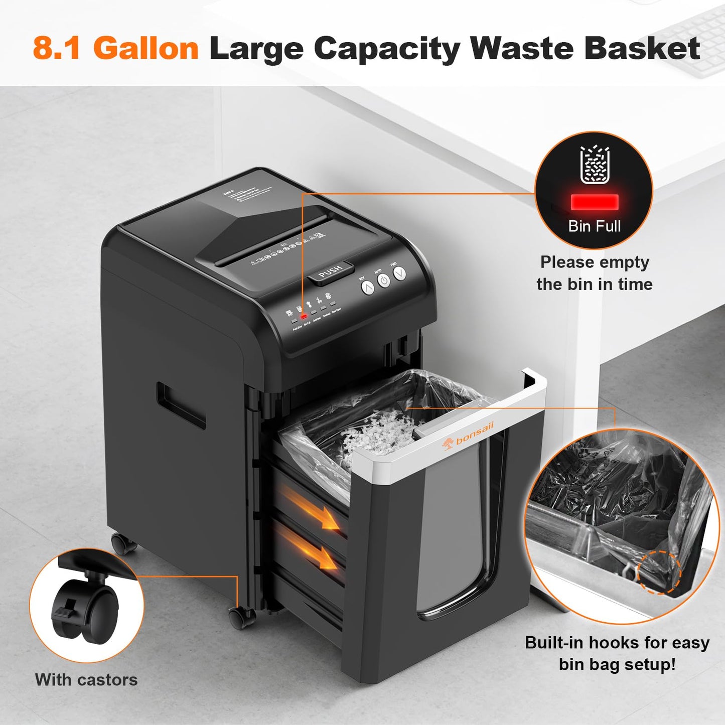 Bonsaii Paper Shredder Heavy Duty, 200-Sheet Auto Feed Micro-Cut 60 Minutes Nonstop P-4 High Security Shredders, 8.1 Gallon Large Bin Document Shredder for Office, Commercial Grade Shredder (C283-A)