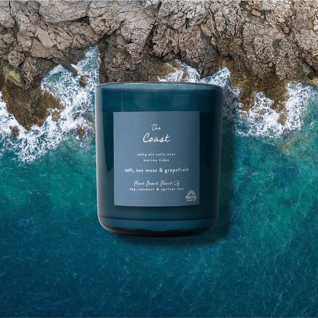 Pacha Soap Co. The Coast Candle - Salt, Sea Moss, and Grapefruit Scented, Soy, Coconut & Apricot Wax Blend, Cotton Wick, 60+ Hour Burn Time, Paraffin-Free, Recyclable, Long-Lasting, Made in USA, 12 oz