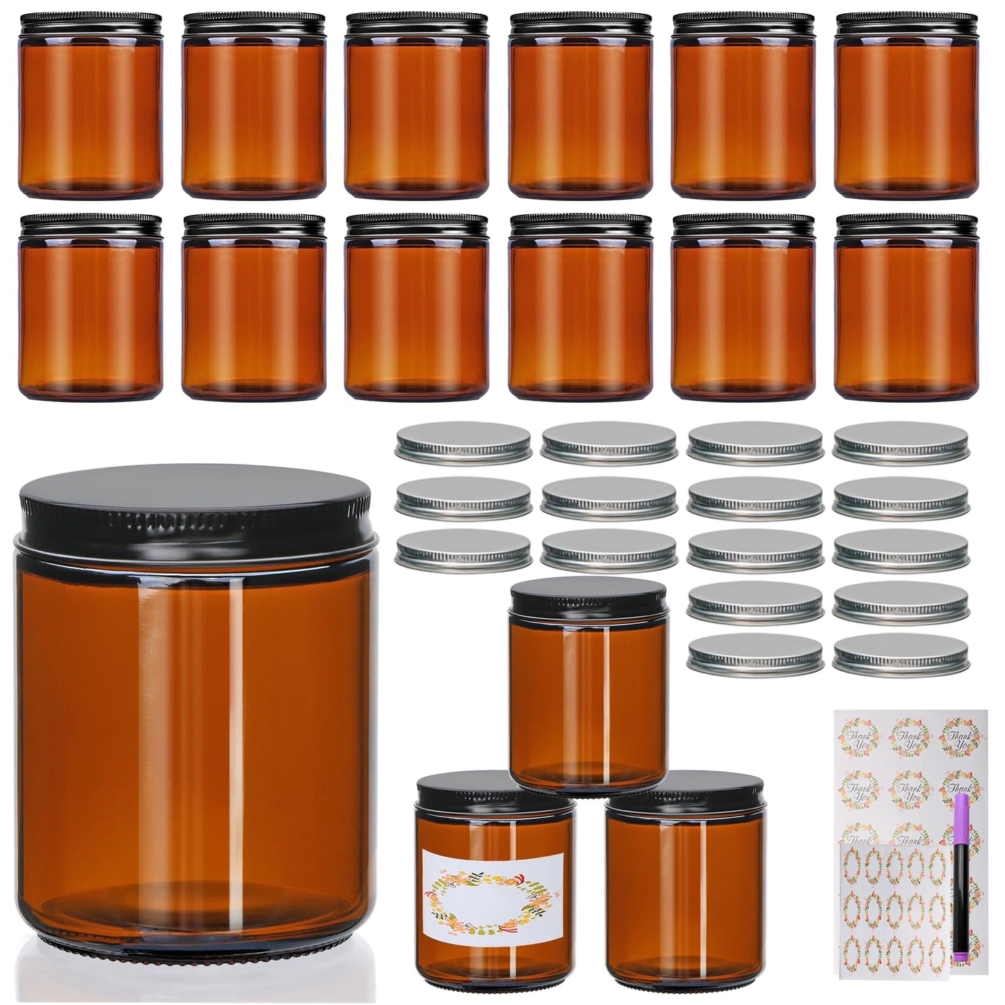 Salzesfalls 16 Pack Dark Amber Candle Jars for Making Candles,8 oz Glass Jars with Lids,Candle Jars with 16 Metal lids,Canning Jars For Candles,Spice,Powder,Liquid,Sample