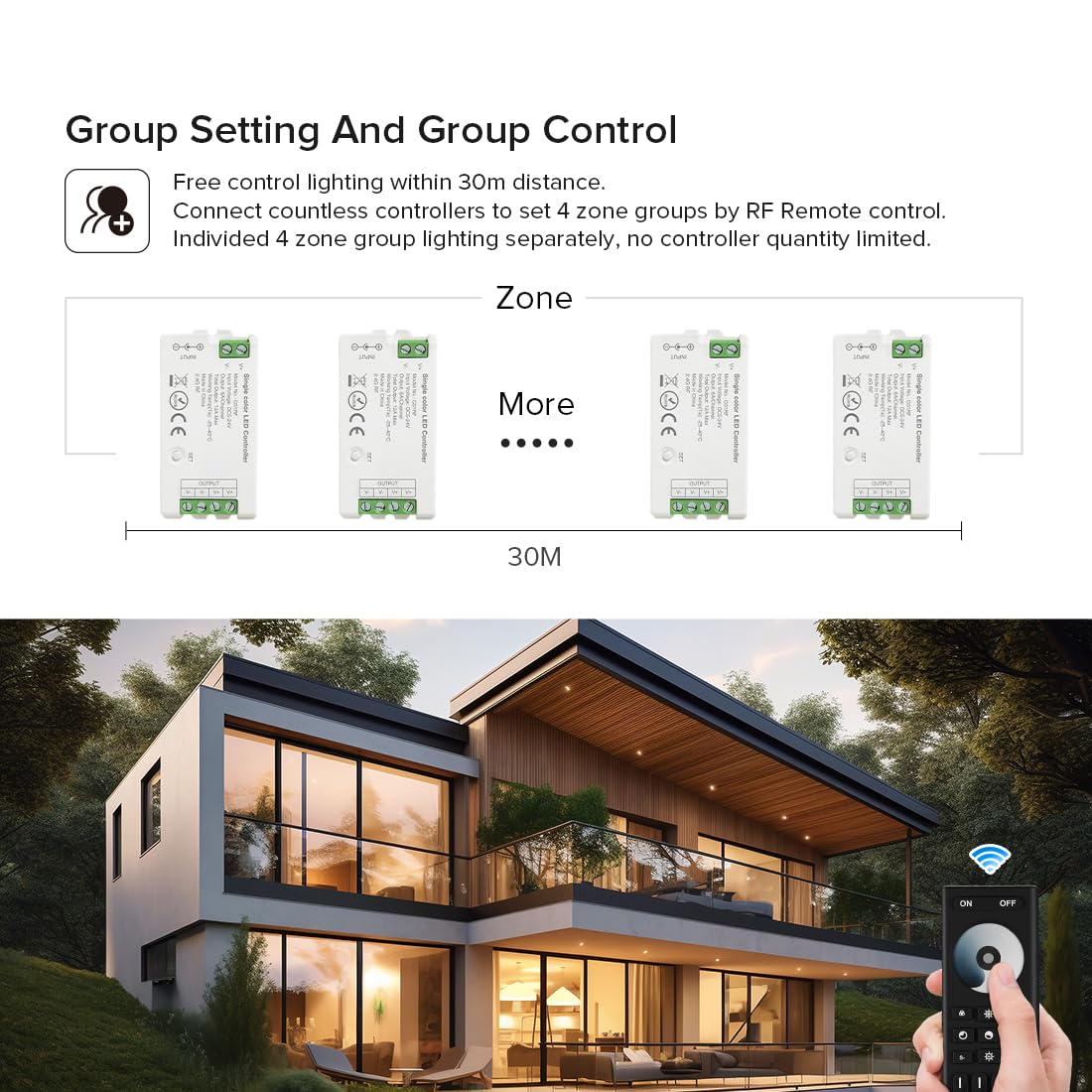 BTF-LIGHTING 5050SMD FCOB COB Dimming RF 2.4GHz Wireless Remote RC01RFB &4PCS C01RF Tuya Controller Kit 4 Zones Group Control PWM Single Color (+V -V) 2pin LED Neon Rope Light DC5V DC12V DC24V