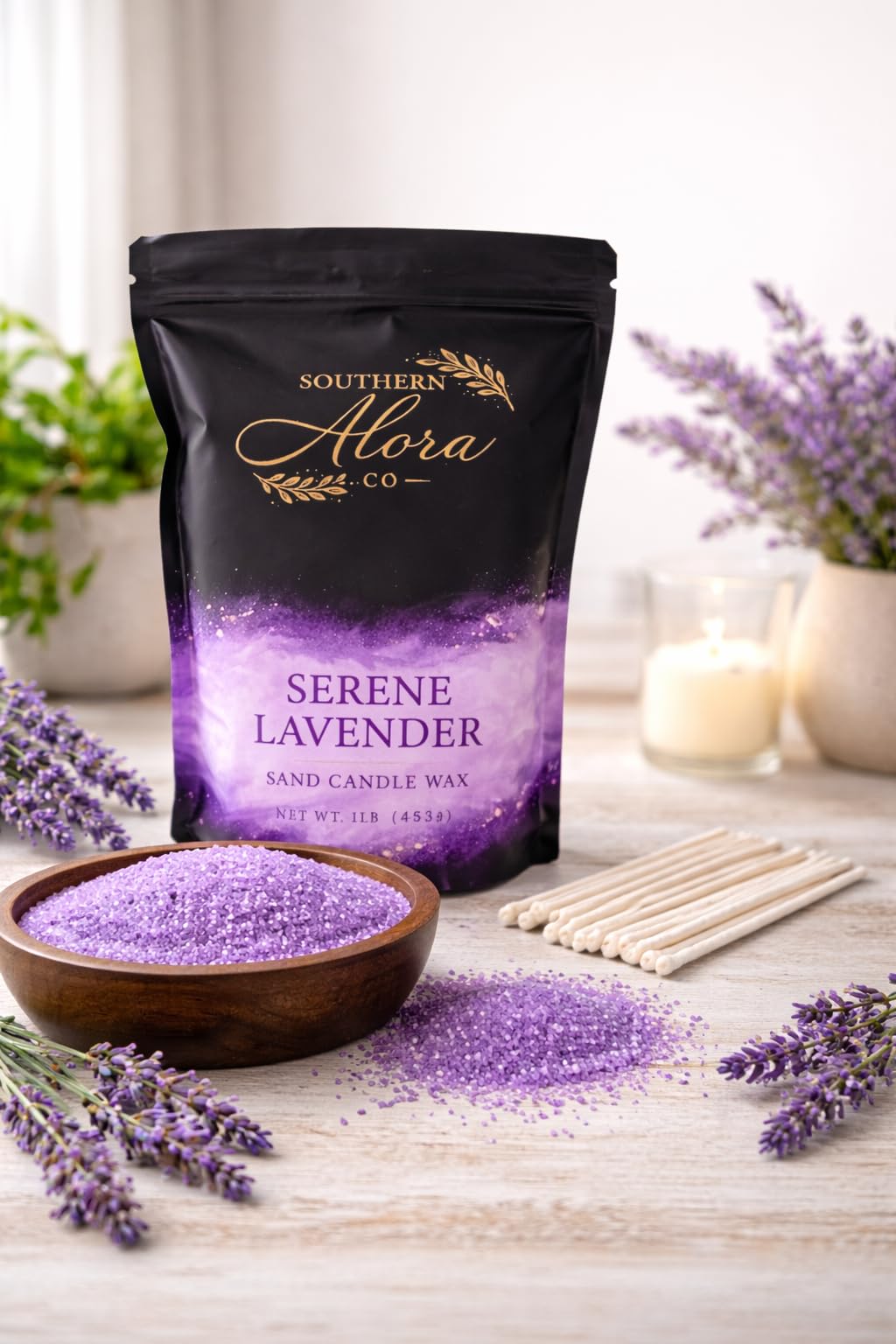 Candle Sand with 10 Wicks – 1 LB Refillable Candle Wax for DIY Candles, Wedding Centerpieces, Home Decor, Candle Making Kit, Candle Sand with Wicks – Lavender Serenity