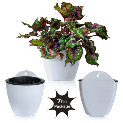 ShoppeWatch Self Watering Wall Planters for Indoor Plants 7 Pack Large 7 Inch with Hooks | Outdoor Railing Planters | Wall Pots for Plants | Wall Hanging Planters | White Wall Mounted Planters PL35