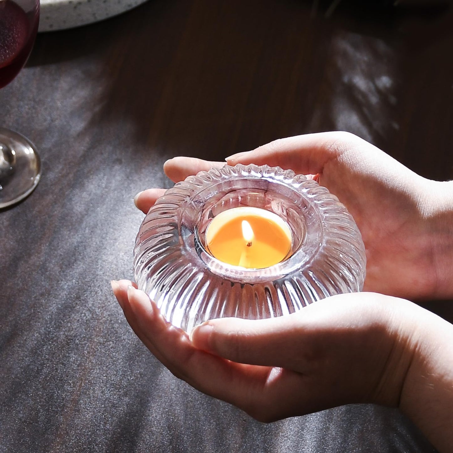 4 pcs Ribbed Clear Glass Tealight Candle Holders - Unique Boss Gifts for Women, for Her, Housewarming Wedding Tablescape Decor