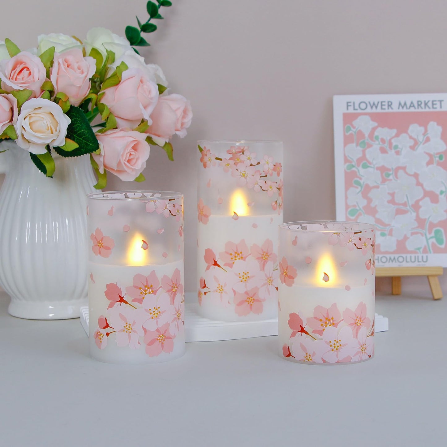 Mavandes Flameless Flickering Glass Candles with Remote and Timer,Cherry Blossoms LED Battery Operated Real Wax Set of 3 Realistic Wick Electric Pillar Candles,Warm Fire(3 x 4, 5, 6 Inches)
