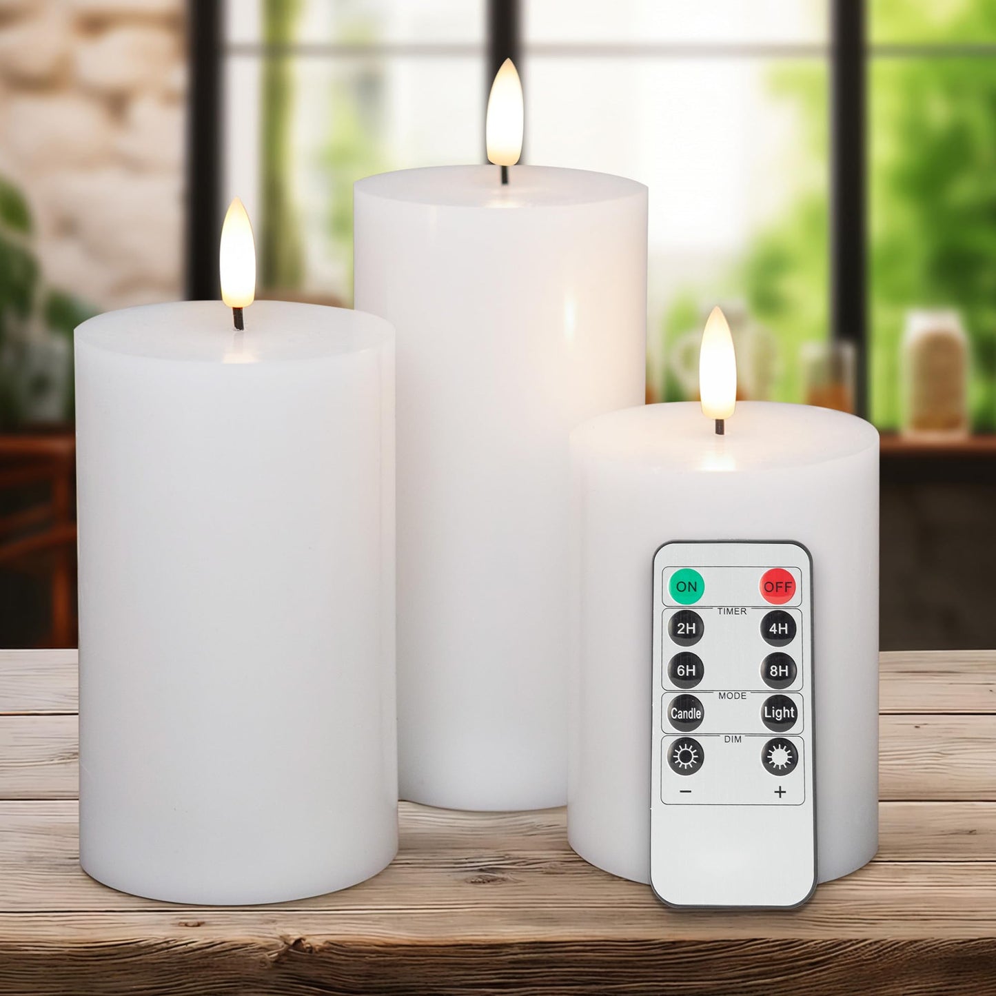 AFINETH White Flameless Pillar Candles, Battery Operated Wax Candles with Remote, Flat Top Flickering Flameless Candles, LED Candle for Home, Wedding, Party Decor, Set of 3, Φ 3" H 4" 5" 6"