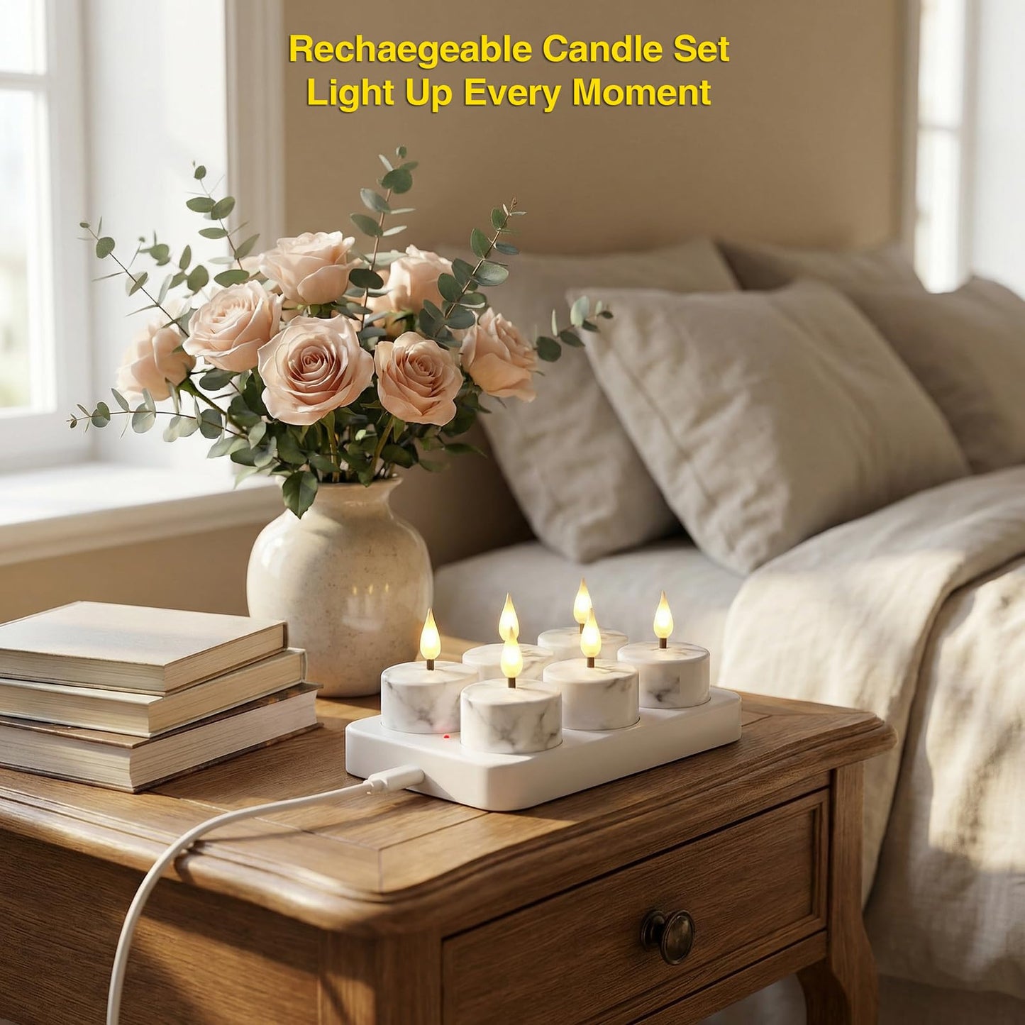 Flameless Tea Lights Candles with Charging Station,White Marble Pattern,LED Tea Lights Candles with Remote Control Timer for Valentine's Day,Centerpiece Table Decorations,Anniversary,Home Decor,6-Pack