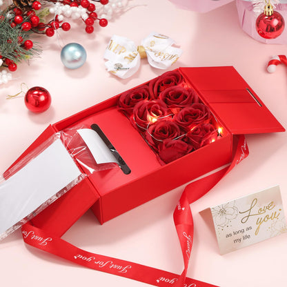 Resholder Money Pull Box for Cash Gift Birthday Money Pull out Gifts with 8 Rose 2 Greeting Card 1 Light String for Mom Husband Wife Anniversary Christmas(Red)