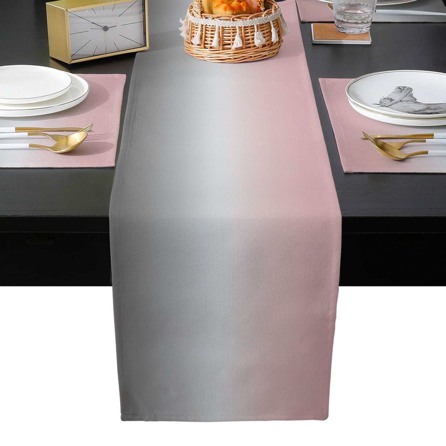 LaBLUUX Table Runner with 6 Place Mats, Gradient Color Pink Gray Cotton-Linen Dining Mat Sets Heat Resistant Washable Placemat for Dining Table/Kitchen/Living Room/Office/Picnic 13x90 Inch