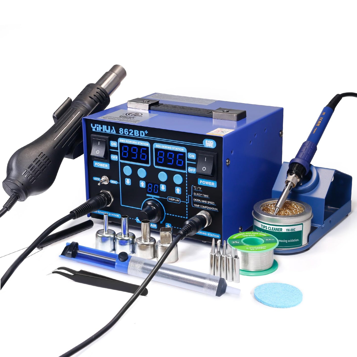 YIHUA 862BD+ Professional Soldering & Rework Station bundle with YIHUA 928D-III High Power Soldering Iron as Secondary/Backup Iron Holder, Soldering Cleaning Kit, and Accessories (24 Items)