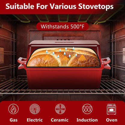 Wildone Enameled Cast Iron Bread Loaf Pan with Lid, 9x5 Sourdough Baking Pans for Homemade Bread, Cake, Meatloaf, Even Heating Bread Pans, 2-Piece Set, Red