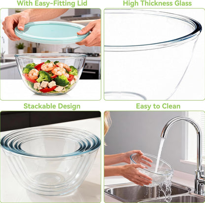 YUANYE 4 Pack Glass Mixing Bowls with Lids Set (3/1.7/0.9/0.6QT),Thick Glass Large Salad Bowl Set, Nesting Kitchen Bowls for Serving, Prepping, Cooking and Baking, Dishwasher, Oven,Microwave Safe