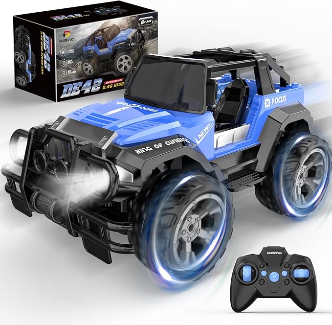 DEERC DE42 Remote Control Car RC Racing Cars1:18 Scale 80 Min Play 2.4Ghz LED Light Auto Mode Off Road RC Trucks with Storage CaseAll Terrain SUV Cars Toys Gifts for Boys Kids Girls TeensBlue