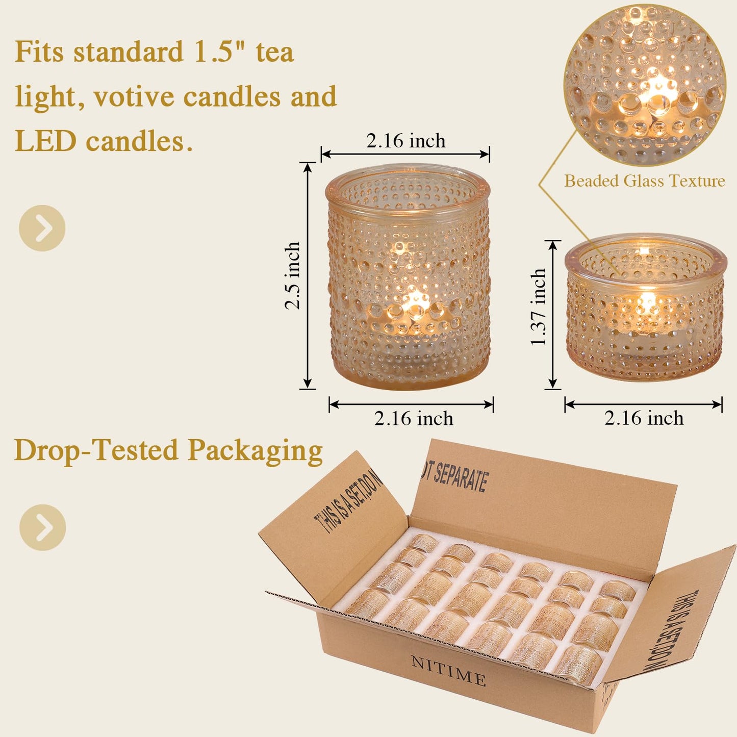 NITIME 24pcs Gold Assorted Votive Candle Holders, Polka Dot Tea Light Candle Holder Glass for Wedding Centerpieces, Gold Candle Holder for Table Centerpiece, Party, Holiday and Home Decor