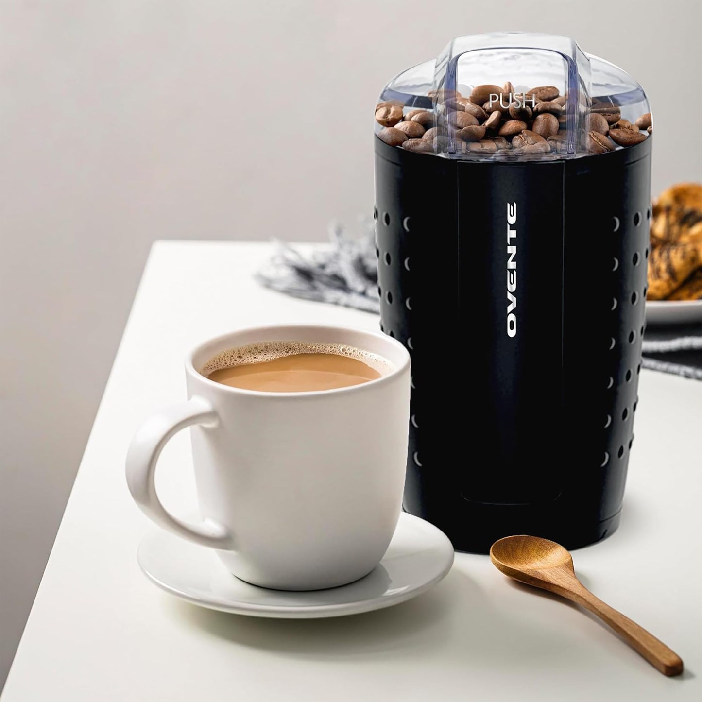 OVENTE Electric Coffee Grinder for Beans, Spices and More, 2.5Oz Compact Grinding Mill, Spice Grinder with Stainless Steel Blade, Pulse Button Operation and Transparent Easy to Open Lid, Black CG225B