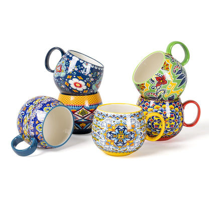 HENXFEN LEAD Boho Ceramic Coffee Mugs Set of 6, 20 oz Large Cups for Tea, Latte, Hot Chocolate & Soup – Microwave & Dishwasher Safe