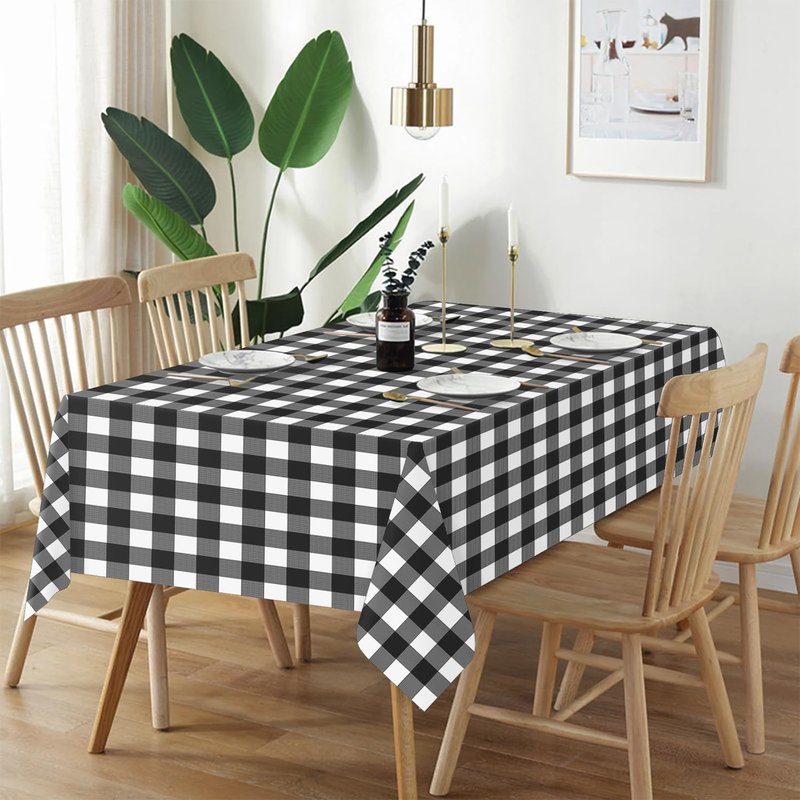 QIKSION Black Gingham Tablecloth Disposable 12 Pack, 54 x 108 Inch Black and White Checkered Table Cloth for Picnic, Outdoor BBQ Decorations, Birthday Party Supplies, Rectangle, Plastic Table Cover