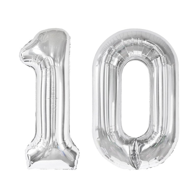 Silver Number 10 Balloon 40 Inch, 10th Birthday Party Decorations for Children, Giant 10 Foil Balloon for Party Supplies