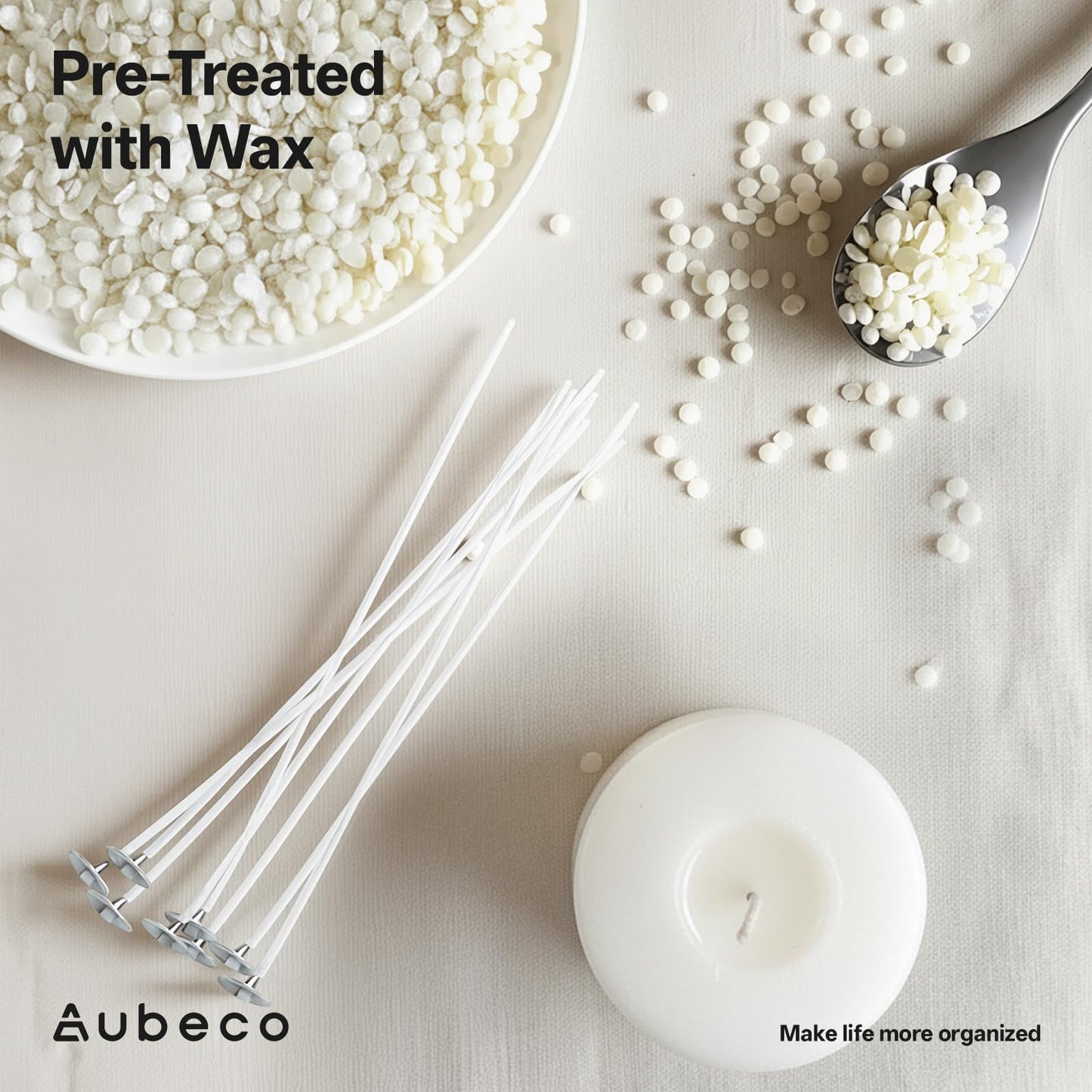 Aubeco 160Pcs 4/6/8 inch Pre Waxed Candle Wick with 160pcs Wick Stickers and 10Pcs Candle Wick Holders, Bulk Cotton Candle Wicks for Candle Making, Soy Wax
