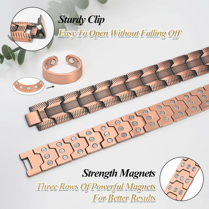 Vicmag Copper Magnetic Bracelet for Men, 3X Strength Magnets, Pure Copper Bracelet & 9X Magnet Ring Set, Adjustable Fit with Sizing Tool(Textured Copper)