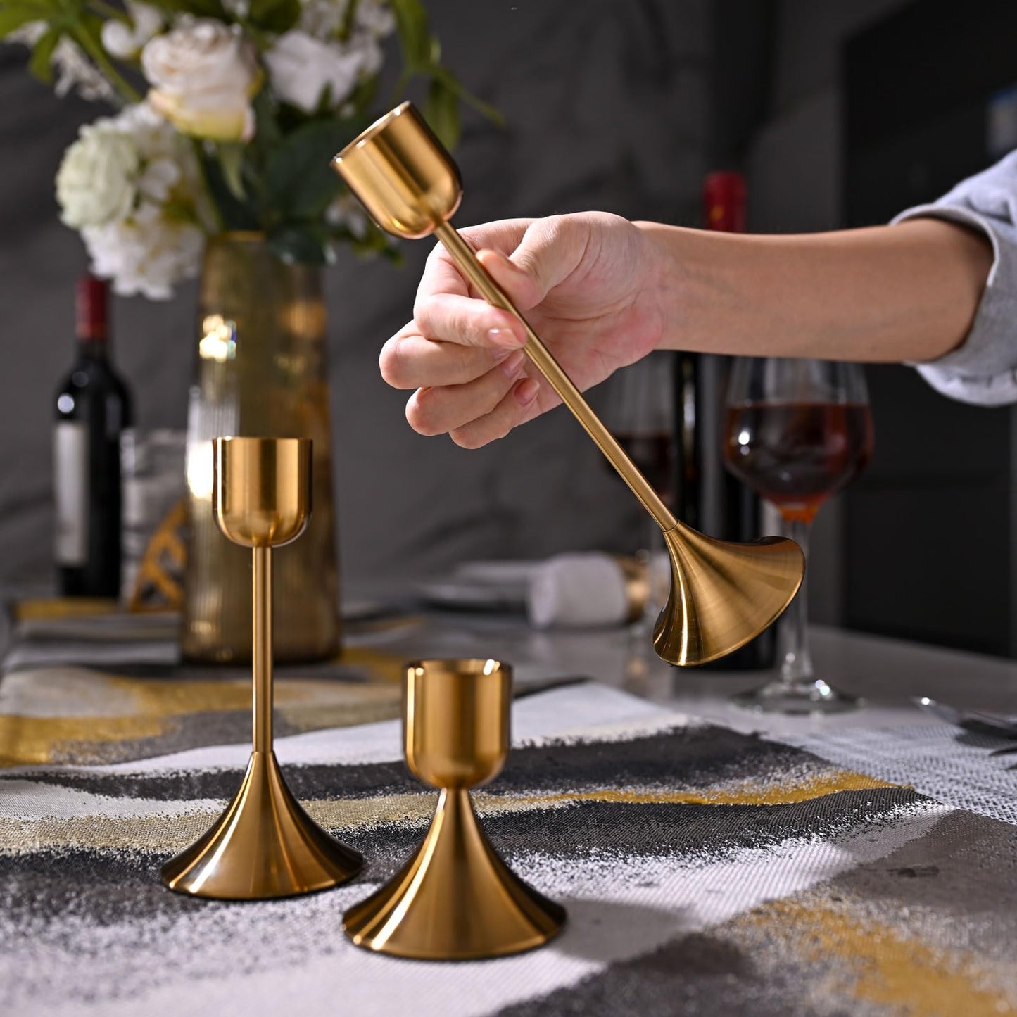 idyllictime Candle Holder Metal Heavy Base for Room Décor Christmas Decorations Party Wedding Halloween Shiny Copper, 1 Set (3 Pcs)