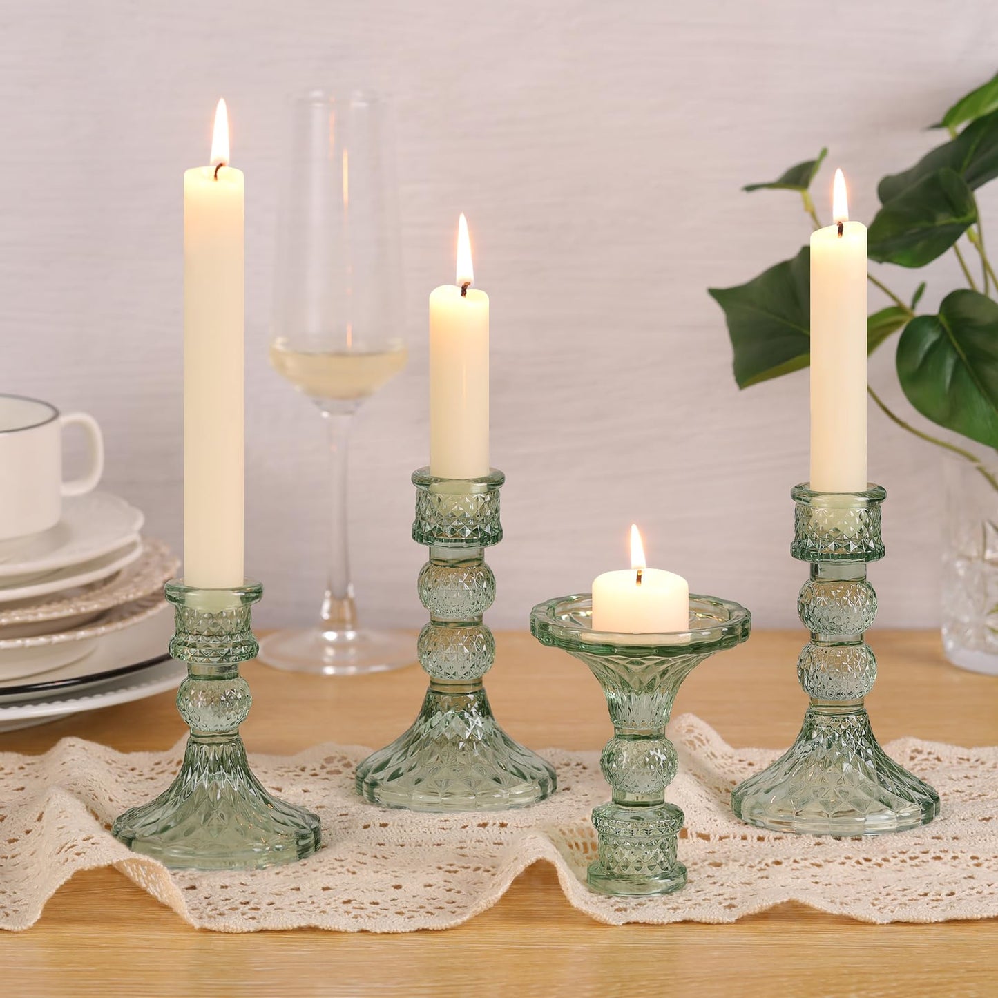 DARJEN Green Glass Candlestick Holders Set of 6, 4" H & 5" H Taper Candle Holders for Candlesticks & Pillar Candles, Diamond Candle Holders for Wedding Party Table Centerpiece, Home Decor