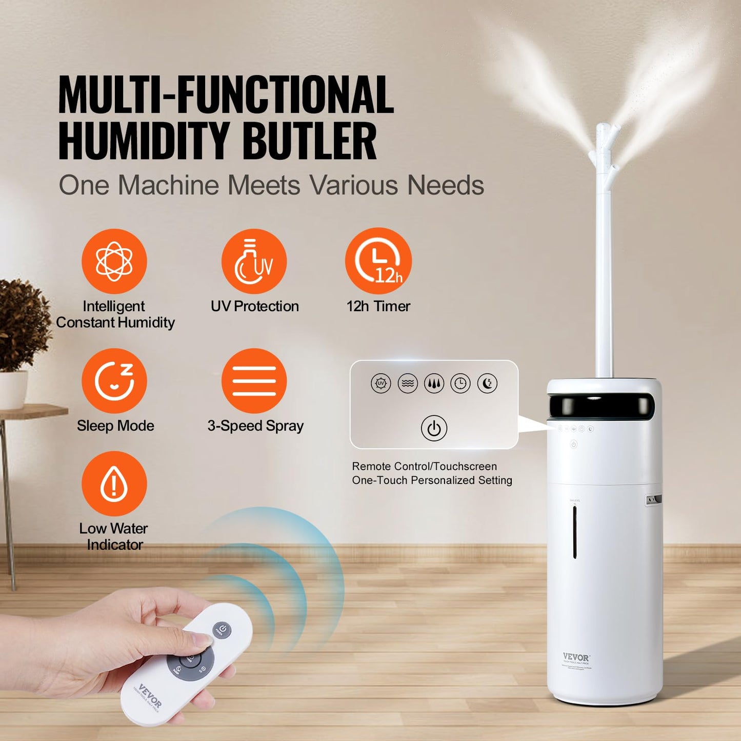 VEVOR Humidifier for Home Large Room, Commercial Humidifier for Whole House 1291.7 sq ft, 16L Water Tank & Night Light & 12h Timer & Auto Shut-Off, Greenhouse, Commercial Branch Tube w/ 360° Nozzle