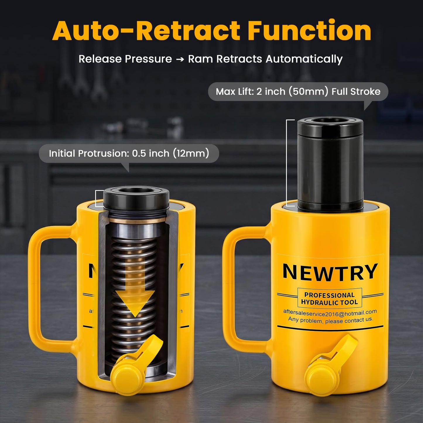 NEWTRY 30 ton Hydraulic Hollow Jack Cylinder 2’’ Stroke Porta Power Ram Industrial Lifting Jack Retract Automatically