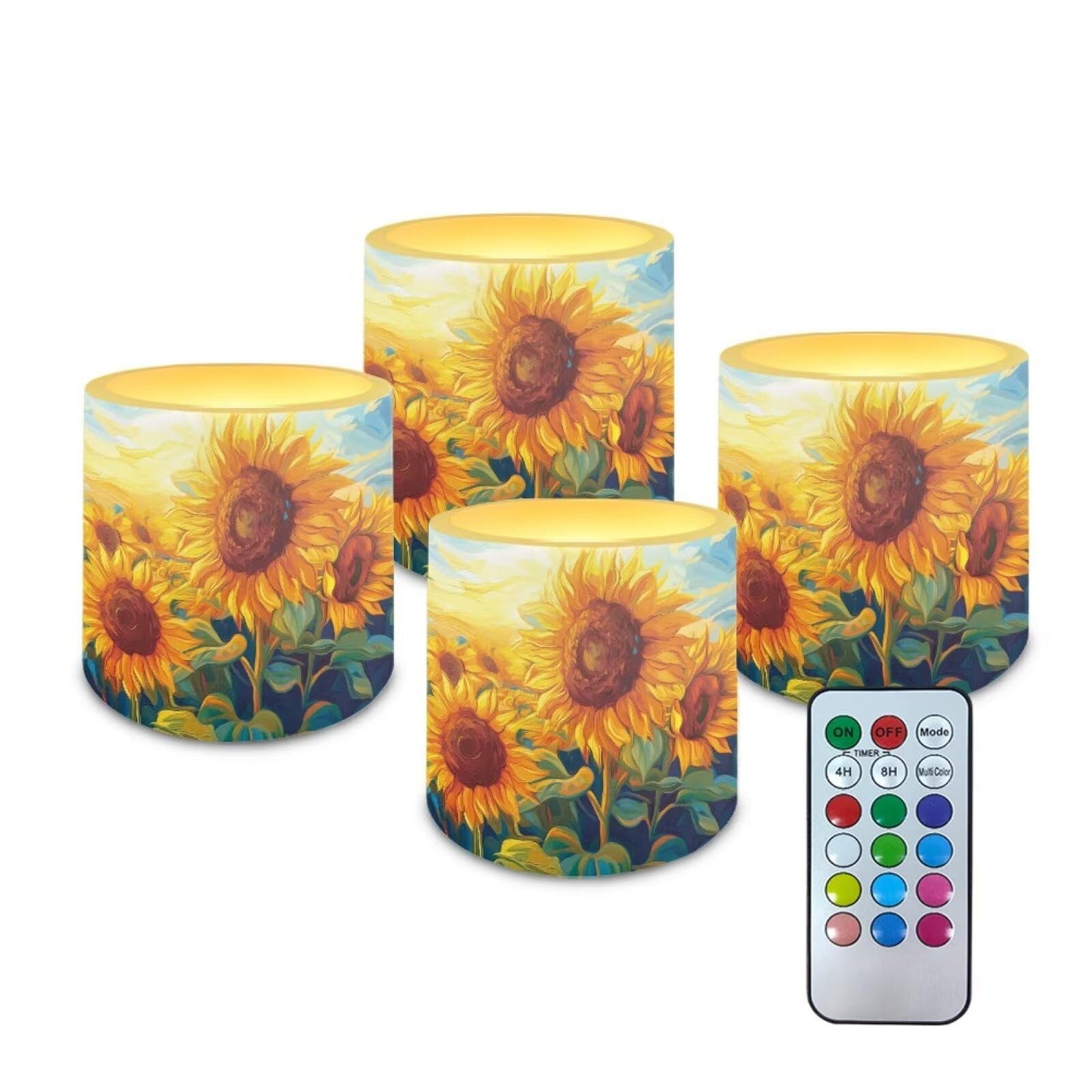 Cozeyat Sunflower Flameless Candles 4 Pack Battery Operated with Remote Control Timer LED Pillar Candles Waterproof for Indoor Outdoor Use