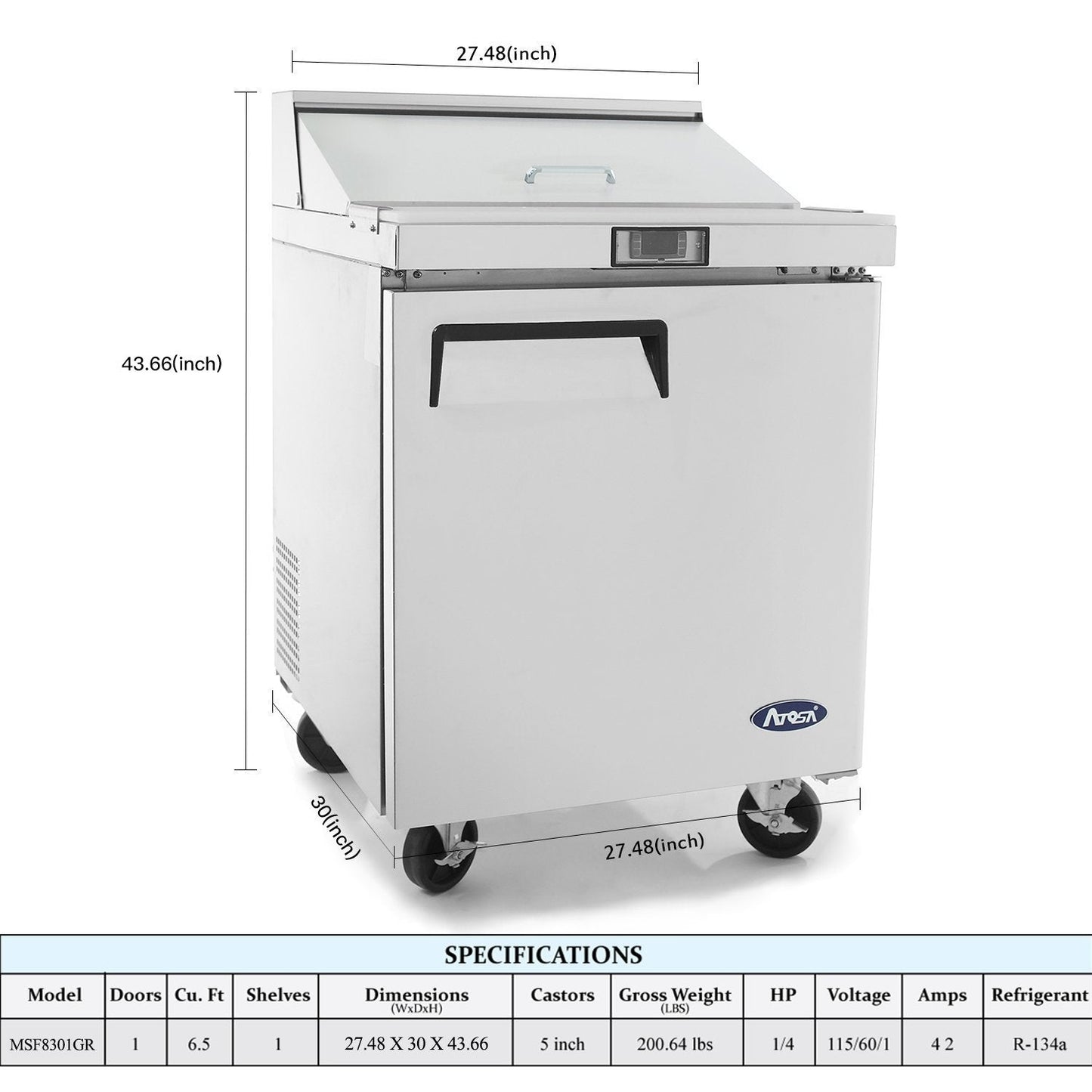 Atosa MSF8301GR 27" Sandwich & Salad Prep Table Refrigerator for Restaurant Hotel Deli Cafeteria | 1-Door 1-Shelf, 10" Cutting Board, 8 (1/6 Size) Pans, 7.2 Cu Ft Capacity | Stainless Steel, 115v