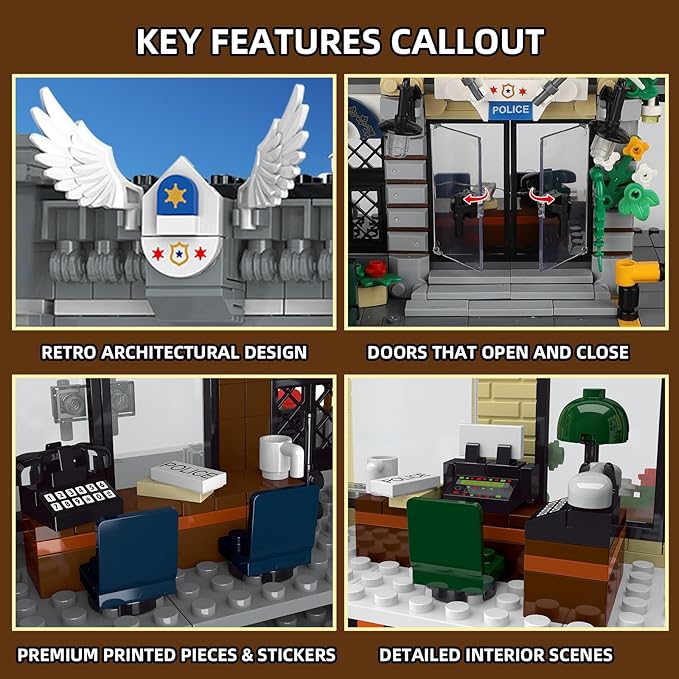 City Police Station Building Set Compatible with Lego Retro Modular 3-Story Architecture with LED Lights Realistic Street Scene Display for Adults &amp Teens (1445 Pieces)