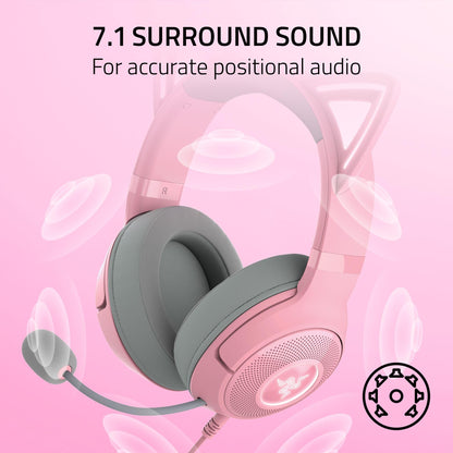 Razer Kraken Kitty V2 USB Wired Headset: Chroma RGB Kitty Ears - Stream Reactive Lighting - HyperClear Cardioid Mic - 40 mm Drivers - 7.1 Surround Sound - Comfortable Ear Cushions - Quartz Pink