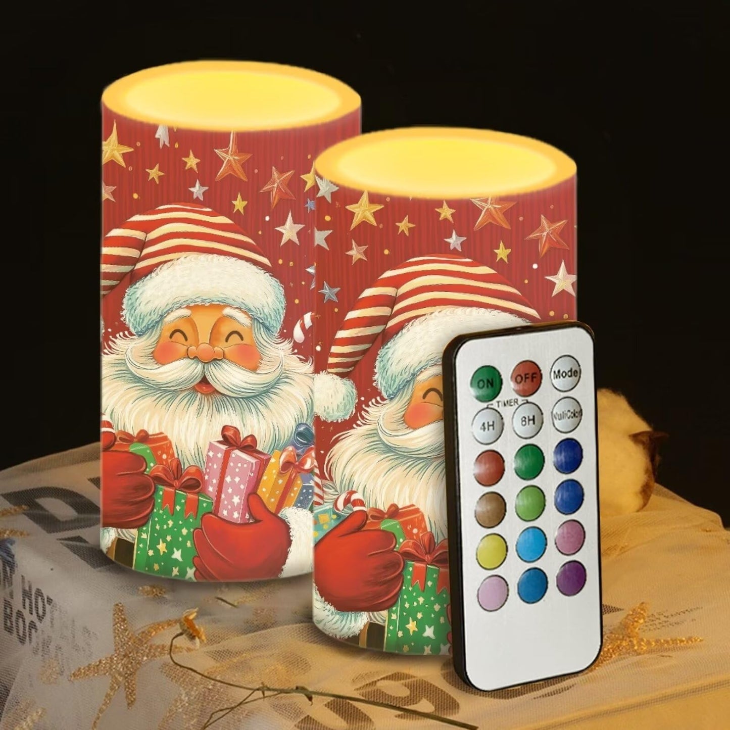 Luarisgur Red LED Candles with Remote Flickering Flameless Candles Santa Claus Stars Battery Operated Fake Pillar Candles Christmas Decorations for Bedroom Living Room Dining Room Table Decor