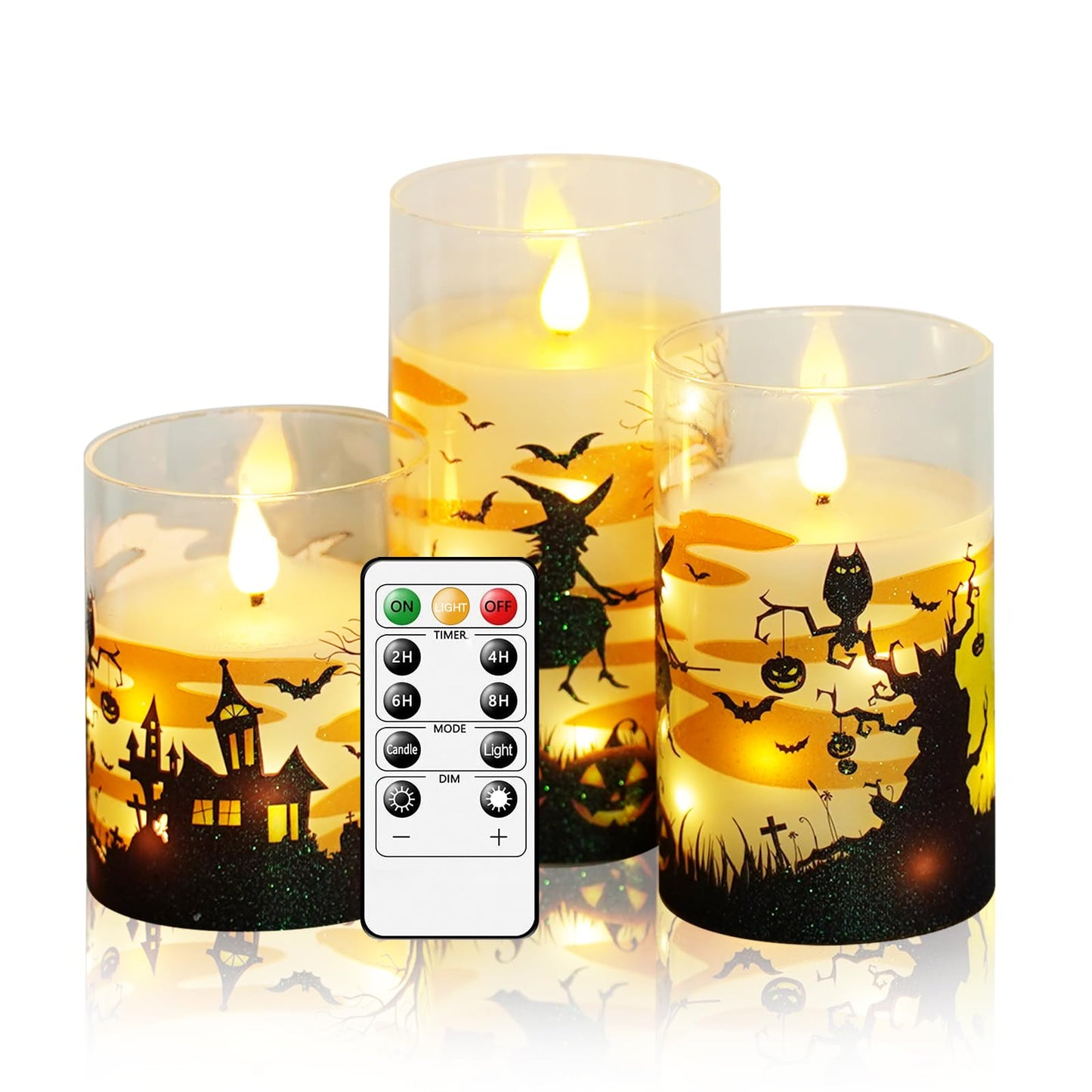 JINYANIA Flameless Candles Real Wax Realistic Halloween Candles with Glass Shell, Battery Operated LED Pillar Candle with Remote Timer, Ideal for Halloween Home Decor（D 3"*H 4" 5" 6" ）