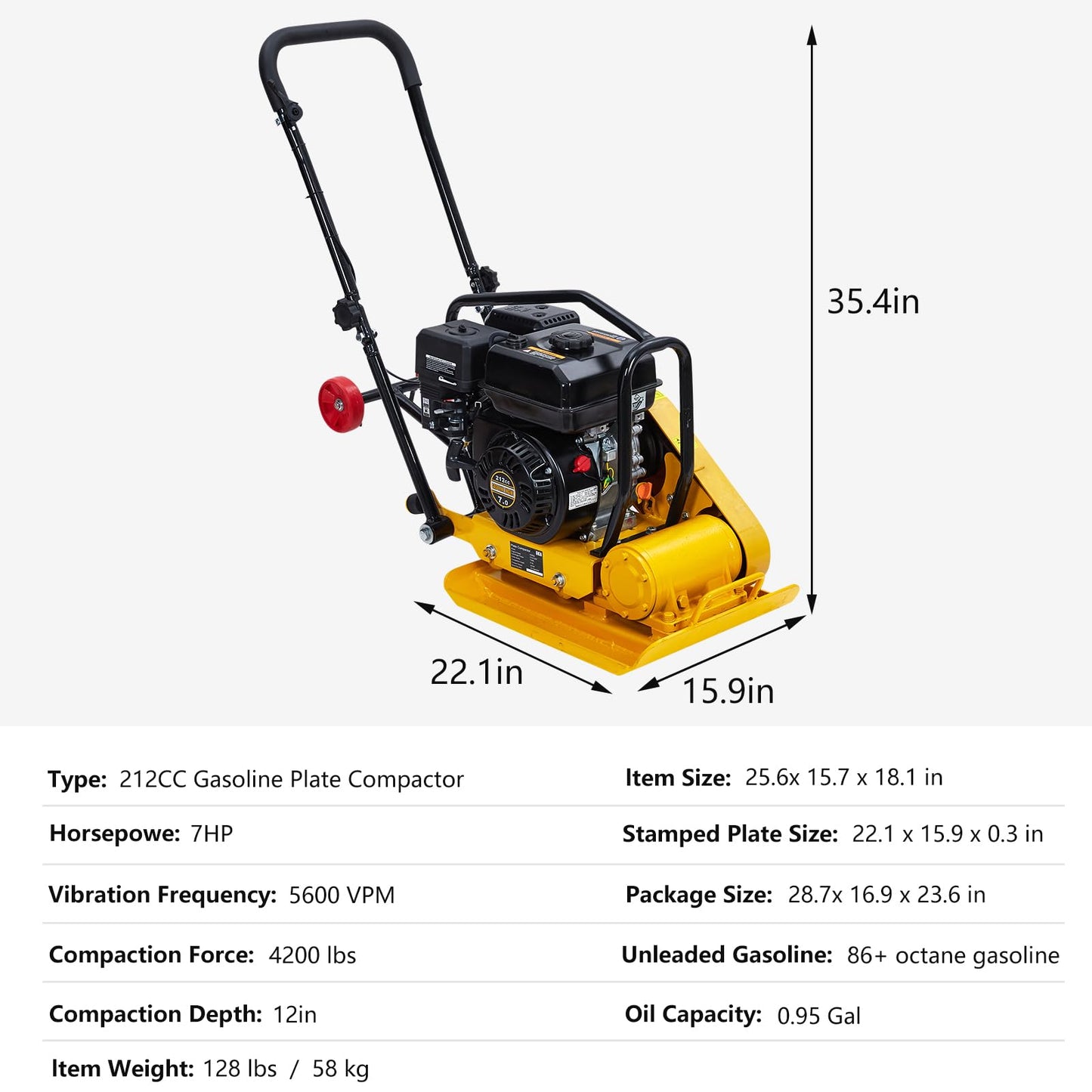 7HP Plate Compactor, Plate Compactor Tamper with 212cc Gas Engine 5,600 VPM, 4200 Lbs Force Vibratory Compaction Tamper with 22.1 x 15.9 Inch Plate for Walkways, Patios, Asphalts, Paver Landscaping