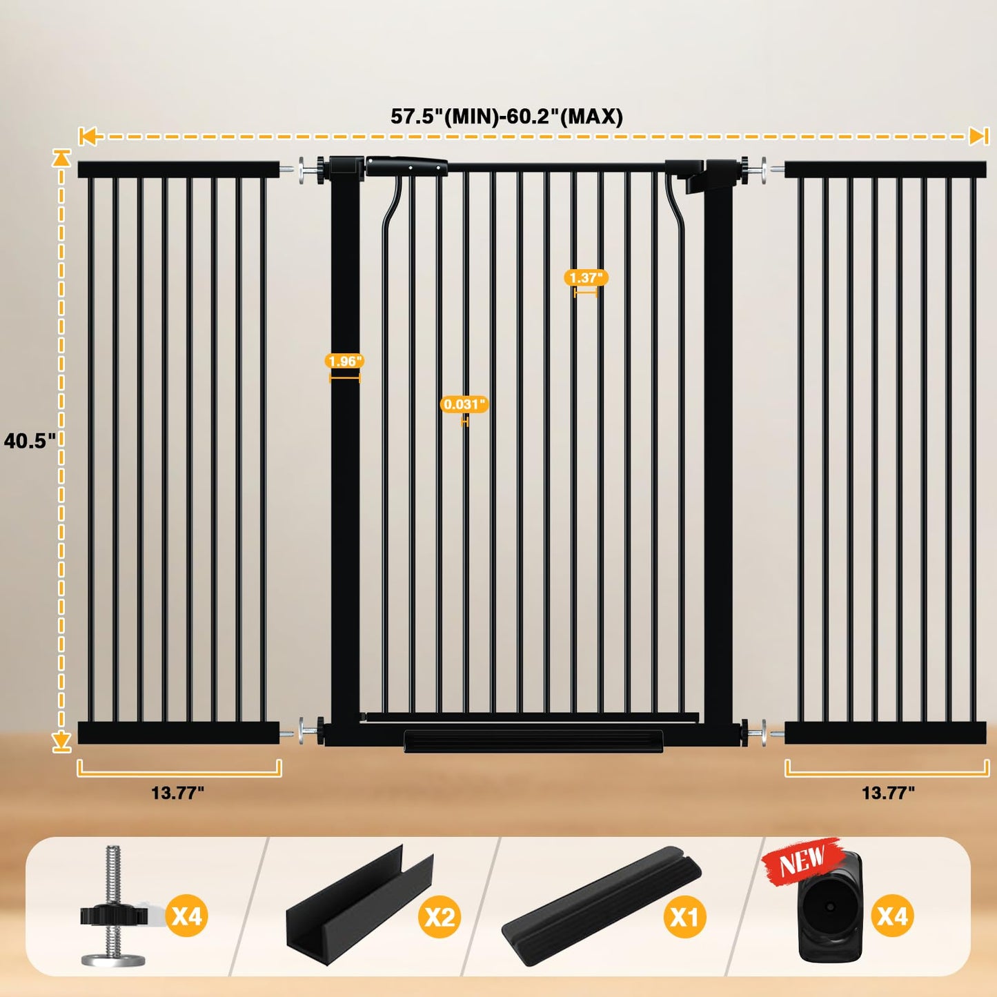 40.5" Extra Tall Cat Pet Gate 57.4-60.2" Wide Pressure Mounted Tall Pet Gate Easy Walk-Through Auto-Close Safety Baby Gate for Cats and Dogs for Indoor Stairs, Doorways, and Kitchen