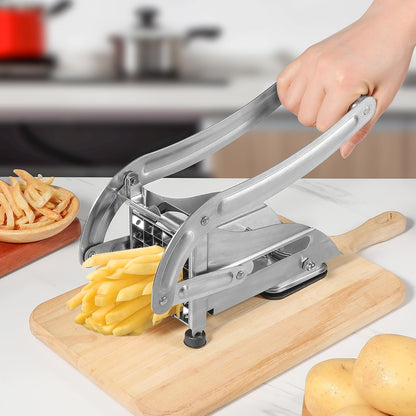QBGSFSYG Stainless Steel Potato Slicer & French Fry Cutter - 2 Blades (1/2" & 1/3") for Homemade Fries, Non-Slip Suction Base, Easy Chip & Sweet Potato Maker (Silver)