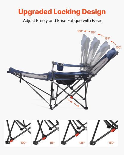 VEVOR 2-in-1 Reclining Camping Chair with Footrest for Adults, 4 Adjustable Positions, Portable Folding Lounger, Lightweight Mesh Beach Chair Supports 220lbs, Heavy Duty Camp Chairs Outdoor, Blue
