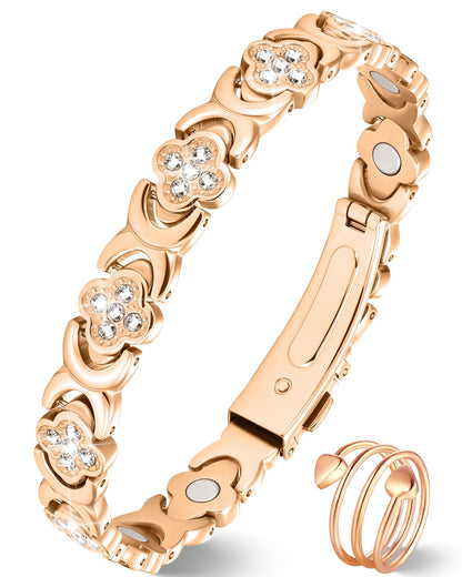 Jeracol Copper Bracelets for Women, Ultra Strength Magnetic Bracelets with 3800 Gauss Magnets & Sparkling Cubic Zirconia, Pure Copper Clover Jewelry with Ring