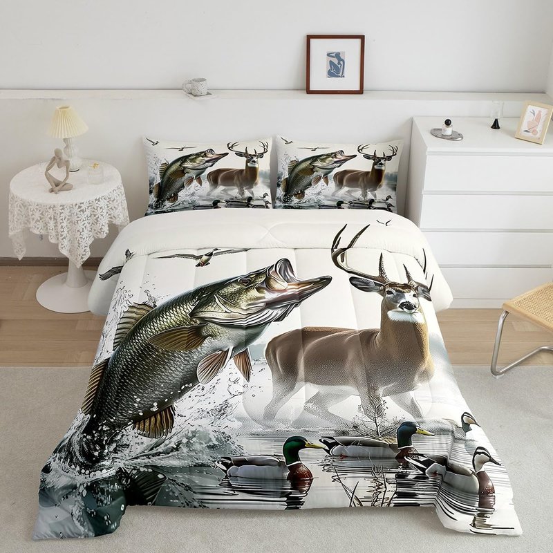 Feelyou Boys Girls Deer Pike Fish Duvet Insert Twin Size, Bass Big Fish Comforter Set Fishing and Hunting Bedding Set Kids Teens Bedroom Decor Bed Set 2Pcs